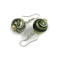 boucles d'oreilles pendantes en perles de bois vert/noir/doré avec fermoir argenté – 40 mm de long