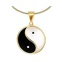 clever schmuck collier avec pendentif yin yang doré Ø 23 mm noir et blanc laqué chaîne gourmette 45 cm argent 925 plaqué or dans un étui blanc, métal