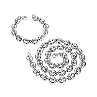 bobijoo jewelry - ensemble collier chaîne + bracelet grain de café acier inoxydable 316l argenté 4 tailles diffentes - argenté 11mm