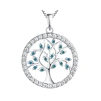 yl collier arbre de vie en argent 925 pendentif bleu oxyde de zirconium pour femmes, chaîne 45-48cm