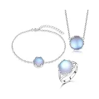 beydodo parure bijoux femme argent argent 925, ensemble collier bracelet et bague taille 54 avec pierre aurora bleue