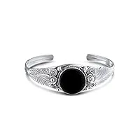 bling jewelry la nature leaf american indian south western navajo style flowers round cabochon statement black onyx wide cuff bracelet for women .925 argent sterling