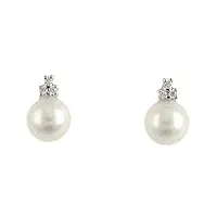 gioiello italiano - boucles d'oreilles en or blanc 18 carats avec diamants 0,06ct et perles de rivière, diamètre 8mm, pour femmes