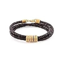 myka bracelet homme en cuir tressé noir avec petites perles personnalisées en argent 925 ou plaqué or - bracelets pour homme (or vermeil - marron)