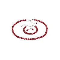 parure de bijoux perles rouge collier et bracelet boucles d´oreilles titane plaqué argent 0,8 cm sans nickel