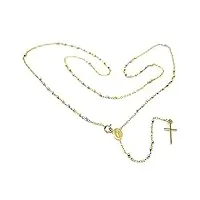 collier chapelet en or jaune, rose et blanc 18 carats, 750, longueur 52 cm (20,5 pouces), médaille miraculeuse et croix. fabriqué en italie.