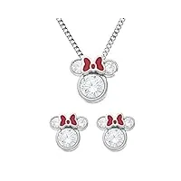 mickey mouse collier femmes ensemble de bijoux brillant arc rouge cz argent sterling minnie mouse pendentif collier et boucles d'oreilles cadeau pour femmes filles avec boîte à bijoux chaîne en argent