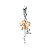 qings pendentif fleur rose en argent sterling 925, charms pendentif fleur en or rose pour bracelet