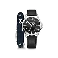 victorinox alliance Ø 40, cadran noir, boîtier en acier inoxydable argenté, bracelet en cuir noir + couteau suisse pour homme 241904.1