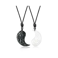 coai colliers pour couples pendentifs gravés dragon phénix obsidiene noire jade blanc cordon ajustable