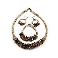 avalaya parure ethnique faite à la main avec collier, bracelet et boucles d'oreilles créoles en coton - marron / beige - 56 cm de long, taille unique, cordons
