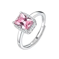 suplight bague anneau réglable femme fille pierre de naissance argent 925 zircon carré de 6 * 8mm avec un cercle de petit blanc zircon cristal rose septembre
