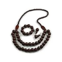 avalaya ensemble collier, bracelet flexible et boucles d'oreilles pendantes en perles de bois marron – 90 cm de long, taille unique, bois