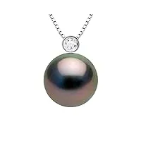pearls & colors - collier joaillerie véritable perle de culture de tahiti ronde 10-11 mm - qualité a + - diamant 0.030 cts - or blanc 18 carats - bijou femme