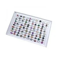 richrain bijoux en cristal en vrac en gros forme ovale bague en pierre naturelle 100 pièces/lot avec boîte à bijoux (bague en argent taille mixte)