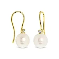 miore bijoux pour femmes boucles d'oreilles pendantes avec perle d'eau douce ronde blanche et diamant solitaire 0.06 ct boucles d'oreilles en or jaune 14 carats / 585 or