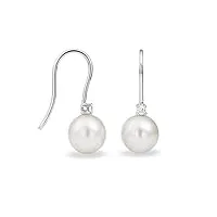 miore bijoux pour femmes boucles d'oreilles pendantes avec perle d'eau douce ronde blanche et diamant solitaire 0.06 ct boucles d'oreilles en or blanc 14 carats / 585 or