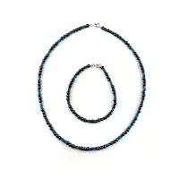 parure bleue et noire en pierres naturelles, collier et bracelet, sur câble, fermoir en argent 925. alternance de perles d’hématite et d’apatite boutons facettés. fin et original, fabriqué en france