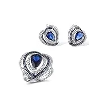 zhudj ensemble de bijoux pour femme en argent sterling 925 coeur chatoyant pierres bleues bague boucles d'oreilles ensemble de bijoux fins