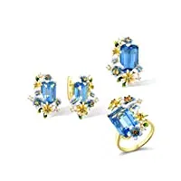 zhudj ensemble de bijoux en argent sterling 925 pour femmes pierre bleue fleur papillon émail boucles d'oreilles anneau pendentif mariage bijoux fins