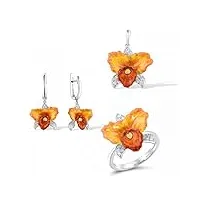 zhudj ensembles de bijoux en argent sterling 925 pour femmes boucles d'oreilles fleur orange pendentif anneau ensemble de bijoux fins handmake émail