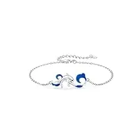 bracelet dauphin en argent sterling 925 réglable avec vague bleue - bijou pour femme et fille 7 + 2 pouces, 7+2 in, argent sterling