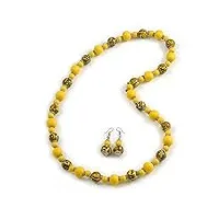 avalaya ensemble collier et boucles d'oreilles en perles de bois avec imprimé animal jaune 80 cm l, taille unique, plastique bois