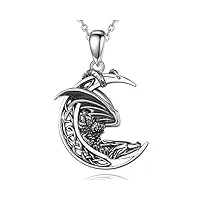 aeonslove collier dragon argent 925 pour femme homme pendentif lune vintage bijoux viking pour ado garcon fille, cadeau amulette totem spirituel, chaîne de 45,7 cm