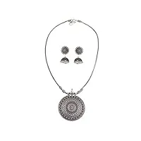 tongari parure classique nayanthara haram antique collier avec boucles d'oreilles pour femme et fille - laiton oxydé - gris - alliage d'acier - perle, acier allié, perle