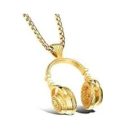 suyggck collier musique dj colliers pendentifs en argent chaîne de couleur men femmes hip hop jewelry rock headset collier-gold color,60cm