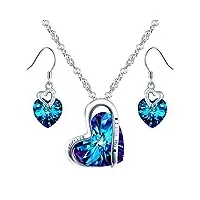 yumilok collier et boucles d'oreilles en cristal pour femme fille, bijoux parures en argent 925, collier cœur cristal bleu, boucles d'oreilles cœur cristal bleu, zircon incrusté