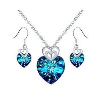 yumilok collier et boucles d'oreilles en cristal pour femme fille, bijoux parures en argent 925, collier cœur cristal bleu, boucles d'oreilles cœur cristal bleu, élégant, zircon incrusté