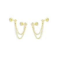 boucles d'oreilles pendantes en argent avec duo de zircones et double chaînes couleur or fantaisie femme
