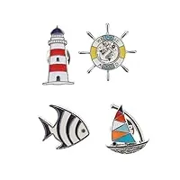 tendycoco lot de 4 pin's en émail pour voilier, phare, poisson rouge, motif mixte, pour vêtements, col, sac, veste