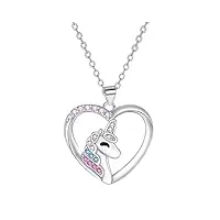 j.muen collier licorne en fille, argent sterling 925 collier pendentif licorne forme cœur pour filles femmes enfant cadeau de bijoux noël (45 + 5 cm)