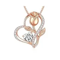 praelinos collier coeur pour femme fleur rose pierre de naissance pendentif plaqué or blanc 5a zircone cubique bijoux cadeau de la saint-valentin fête des mères (blanc)