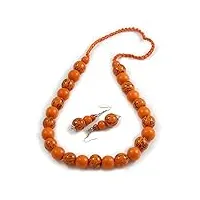 avalaya parure collier et boucles d'oreilles en perles de bois rondes orange/noir 76 cm l, taille unique, bois cordons bois