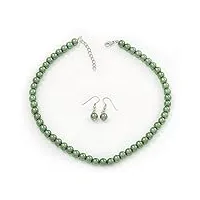 avalaya parure collier et boucles d'oreilles pendantes en métal argenté avec perles en verre vert 38 cm longueur 4 cm, taille unique, verre