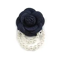 avalaya grande broche en feutre bleu foncé en forme de rose avec fausses perles blanches. diamètre : 65 mm - longueur totale : 10,5 cm, taille unique, tissu