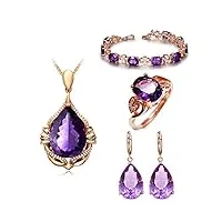 anazoz bijoux parure femme 4pcs, bague, collier, bracelet, boucles d'oreilles orné de zirconium violet fantaisie
