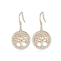 jrêveinfini arbre de vie boucles d'oreilles femme pendantes or rose argent 925 originales, idee cadeau femme maman fete des meres