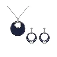 parure de bijoux en argent rhodié, zirconium et céramique bleue - collier + paire de boucles d'oreille assorties dans un écrin - cadeau parfait - longueur réglable