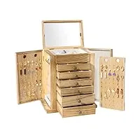 procase grande boîte à bijoux en bois 7 compartiments, rangement bijoux avec miroir, coffret bijoux pour boucle d’oreille collier bague -naturel