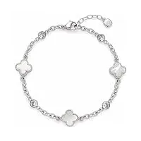 leonardo jewels minelli 023195 bracelet pour femme en acier inoxydable avec pendentif trèfle en nacre et zircones longueur 18,5-20,5 cm, eine grösse, acier inoxydable, pas de gemme