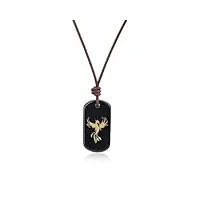 coai collier cordon en cuir pendentif rectangle phénix obsidienne noire