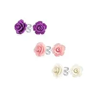 ensemble de 3 boucles d'oreilles en argent plaqué représentant des fleurs délicates et romantiques en relief en 3d de couleur rose violette et blanche pour femmes adolescentes et mères