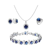 emibele parure de bijoux pour femmes, [4pcs] collier & bracelet & bague & clous d'oreilles en cuivre avec cristal de zircone cubique, ensemble de bijoux Élégant pour anniversaire fête mariage, bleu