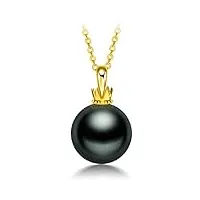 ondian collier pendentif en perles noires naturelles 18 carats 9-10 mm véritables perles rondes de culture de tahiti pendentif en forme de couronne pour femmes avec chaîne de 18 pouces