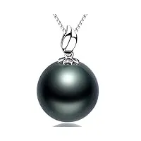 ondian collier avec pendentif en perles noires d'eau salée de tahiti, véritable, rond de 11 à 12mm, blanc 18 carats, pour femmes