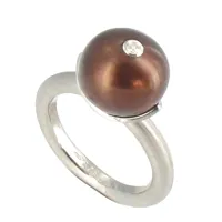 bague argent rhodié perle de culture 11 mm cuivrée et son strass - taille 52